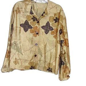 Chico's Silk Top Short Jacket Size 2 Brown Tan Floral Stitching